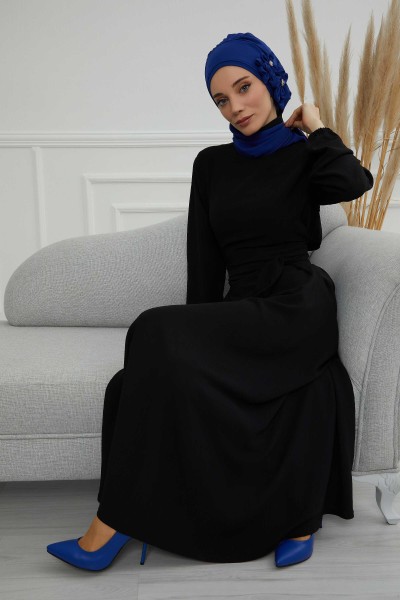 وشاح شيفون جاهز مصمم خصيصاً مع إكسسوارات حجرية، HT-8 ساكس أزرق - Thumbnail