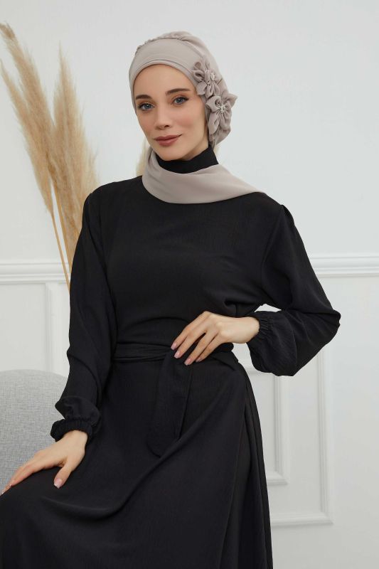 Taş Aksesuarlı Özel Tasarım Şifon Hazır Türban,HT-8 Vizon - 3