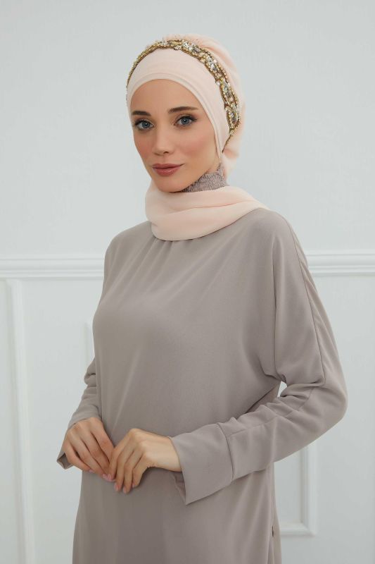 Taş Aksesuarlı Tasarım Şifon Hazır Türban,HT-101,HT-101 Bej-Gold - 2