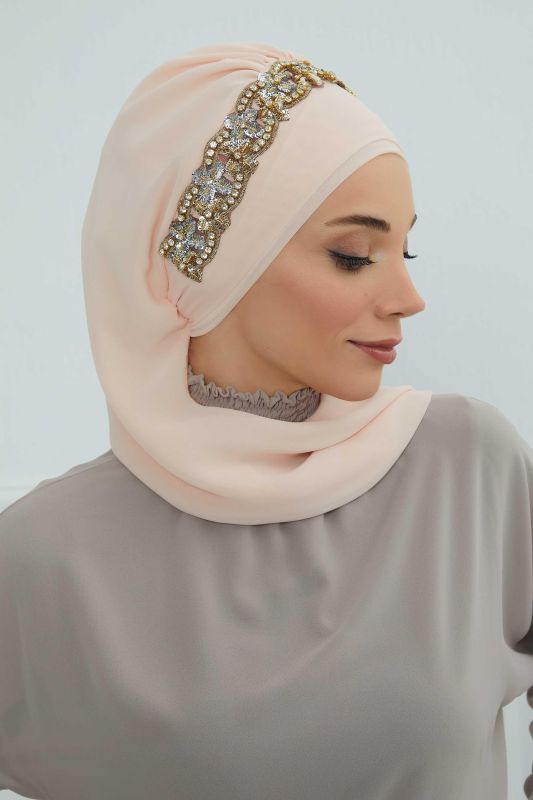 Taş Aksesuarlı Tasarım Şifon Hazır Türban,HT-101,HT-101 Bej-Gold - 5