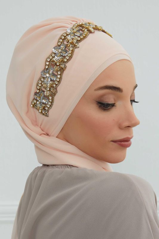 Taş Aksesuarlı Tasarım Şifon Hazır Türban,HT-101,HT-101 Bej-Gold - 6