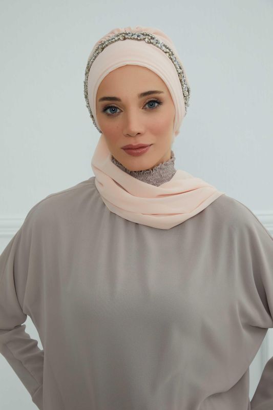 Taş Aksesuarlı Tasarım Şifon Hazır Türban,HT-101,HT-101 Bej-Gümüş - 1