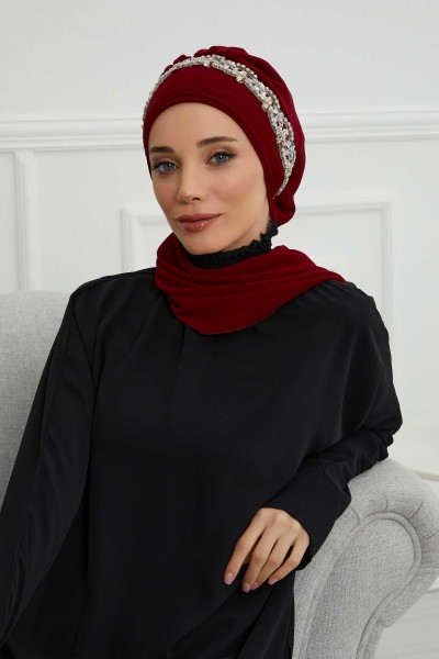 Moda Çizgi - Taş Aksesuarlı Tasarım Şifon Hazır Türban,HT-101,HT-101 Bordo-Gümüş