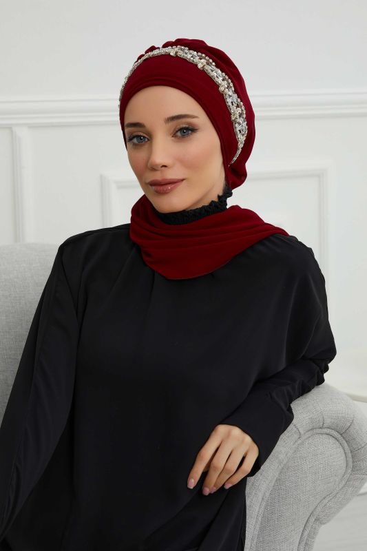 Taş Aksesuarlı Tasarım Şifon Hazır Türban,HT-101,HT-101 Bordo-Gümüş - 1