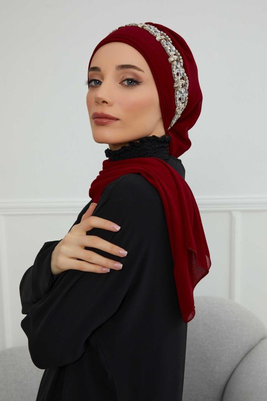 Taş Aksesuarlı Tasarım Şifon Hazır Türban,HT-101,HT-101 Bordo-Gümüş - 2