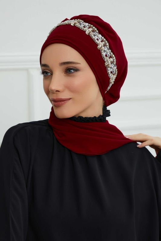 Taş Aksesuarlı Tasarım Şifon Hazır Türban,HT-101,HT-101 Bordo-Gümüş - 3