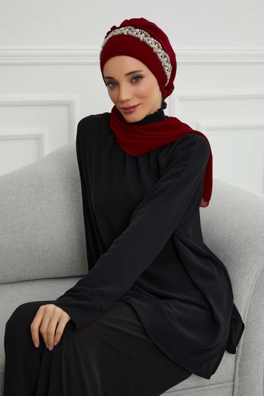 Taş Aksesuarlı Tasarım Şifon Hazır Türban,HT-101,HT-101 Bordo-Gümüş - 4
