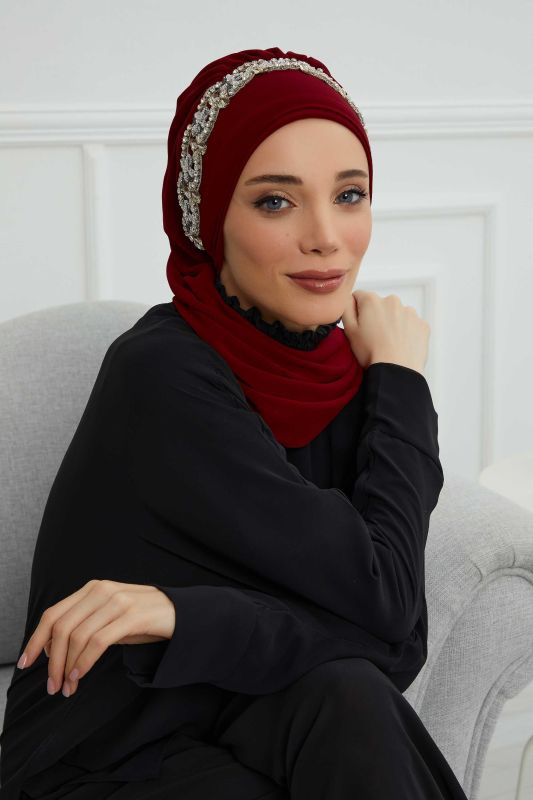Taş Aksesuarlı Tasarım Şifon Hazır Türban,HT-101,HT-101 Bordo-Gümüş - 5