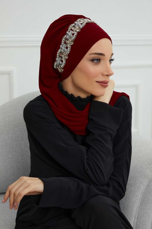 Taş Aksesuarlı Tasarım Şifon Hazır Türban,HT-101,HT-101 Bordo-Gümüş - 6