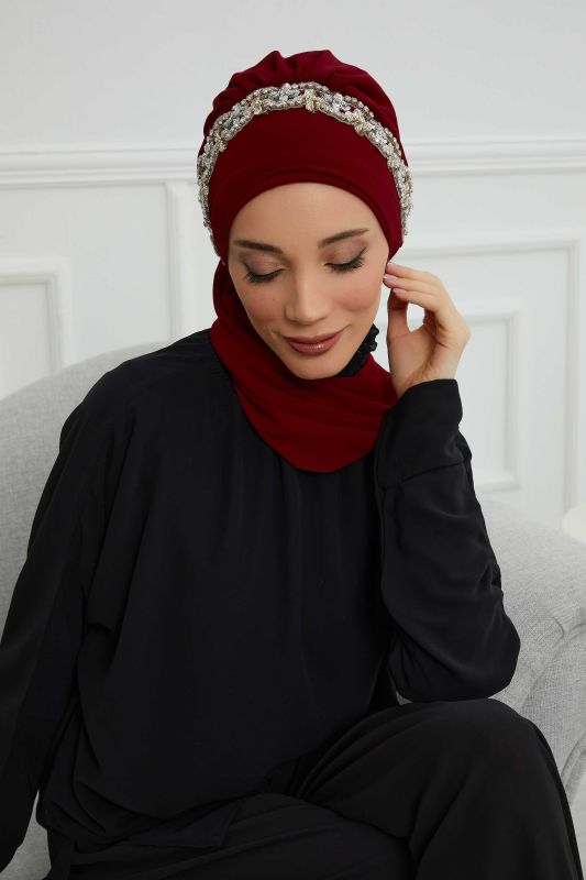Taş Aksesuarlı Tasarım Şifon Hazır Türban,HT-101,HT-101 Bordo-Gümüş - 7