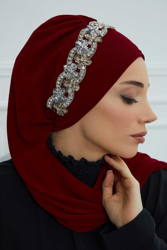 Taş Aksesuarlı Tasarım Şifon Hazır Türban,HT-101,HT-101 Bordo-Gümüş - 8