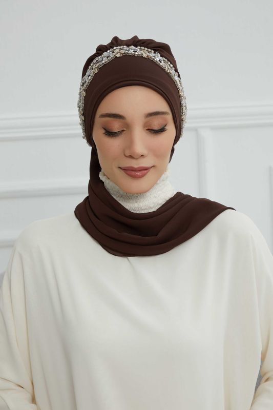 Taş Aksesuarlı Tasarım Şifon Hazır Türban,HT-101,HT-101 Kahverengi-Gümüş - 2