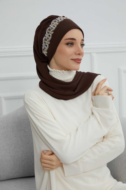 Taş Aksesuarlı Tasarım Şifon Hazır Türban,HT-101,HT-101 Kahverengi-Gümüş - 5