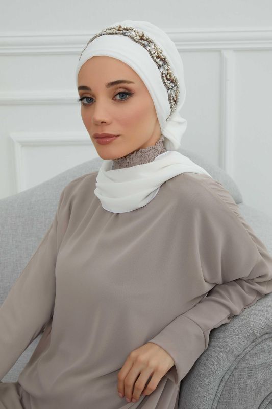 Taş Aksesuarlı Tasarım Şifon Hazır Türban,HT-101,HT-101 Kırık Beyaz-Gümüş - 2