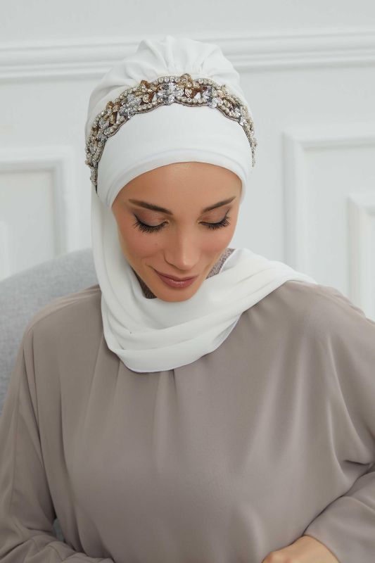 Taş Aksesuarlı Tasarım Şifon Hazır Türban,HT-101,HT-101 Kırık Beyaz-Gümüş - 4
