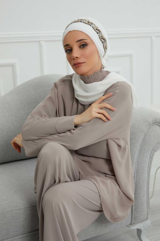 Taş Aksesuarlı Tasarım Şifon Hazır Türban,HT-101,HT-101 Kırık Beyaz-Gümüş - 5