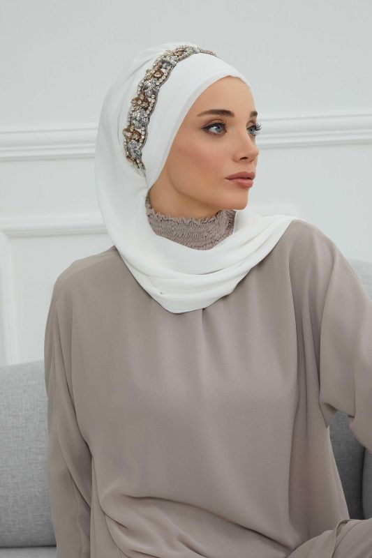 Taş Aksesuarlı Tasarım Şifon Hazır Türban,HT-101,HT-101 Kırık Beyaz-Gümüş - 6