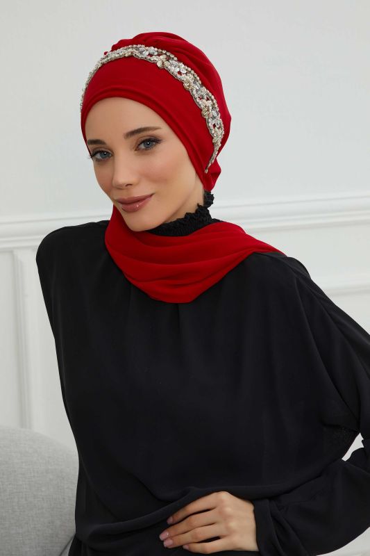 Taş Aksesuarlı Tasarım Şifon Hazır Türban,HT-101,HT-101 Kırmızı-Gümüş - 1