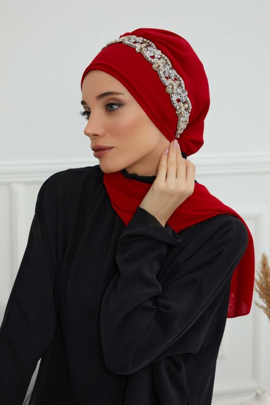 Taş Aksesuarlı Tasarım Şifon Hazır Türban,HT-101,HT-101 Kırmızı-Gümüş - 2