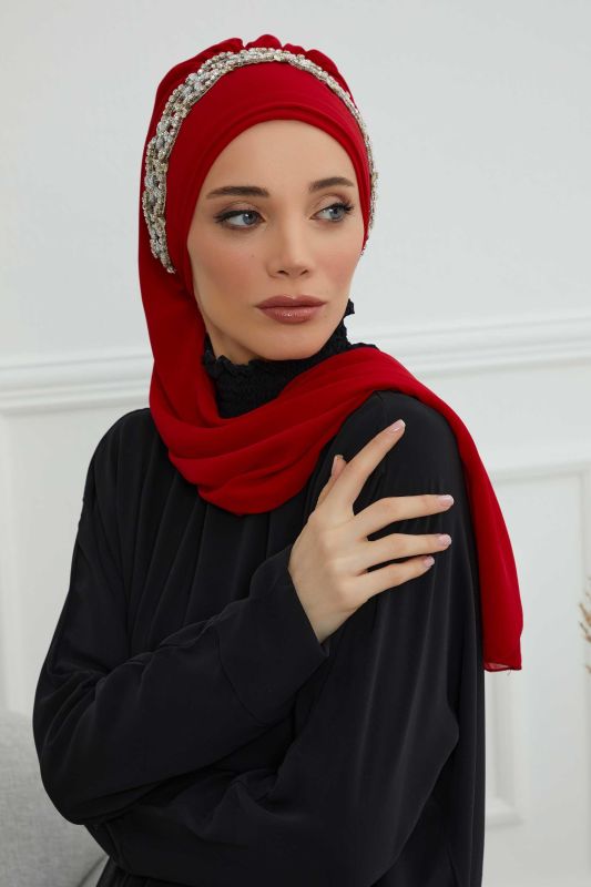 Taş Aksesuarlı Tasarım Şifon Hazır Türban,HT-101,HT-101 Kırmızı-Gümüş - 3