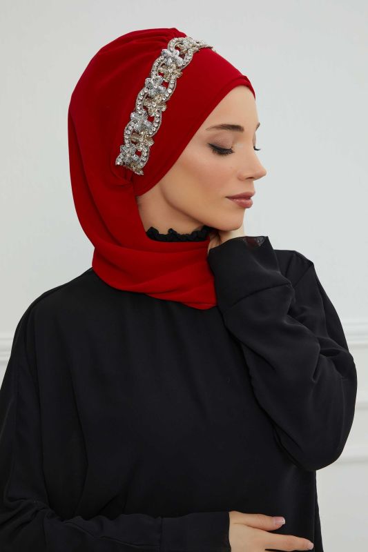 Taş Aksesuarlı Tasarım Şifon Hazır Türban,HT-101,HT-101 Kırmızı-Gümüş - 4