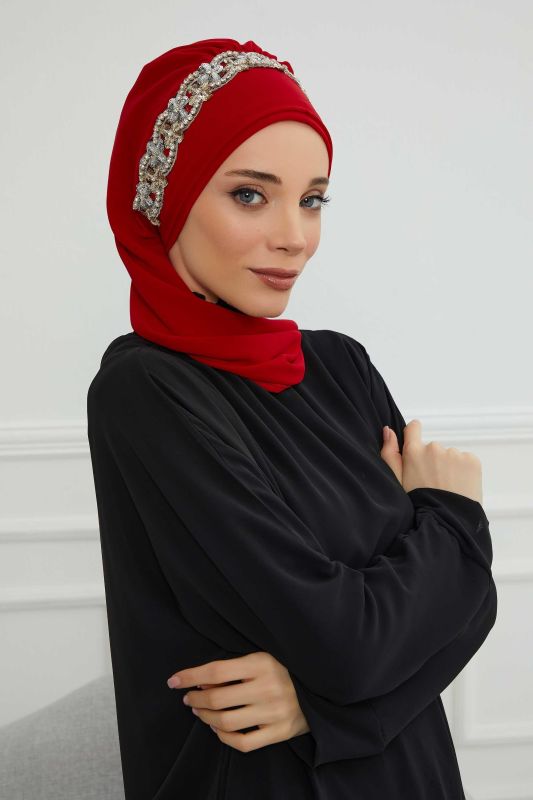 Taş Aksesuarlı Tasarım Şifon Hazır Türban,HT-101,HT-101 Kırmızı-Gümüş - 5