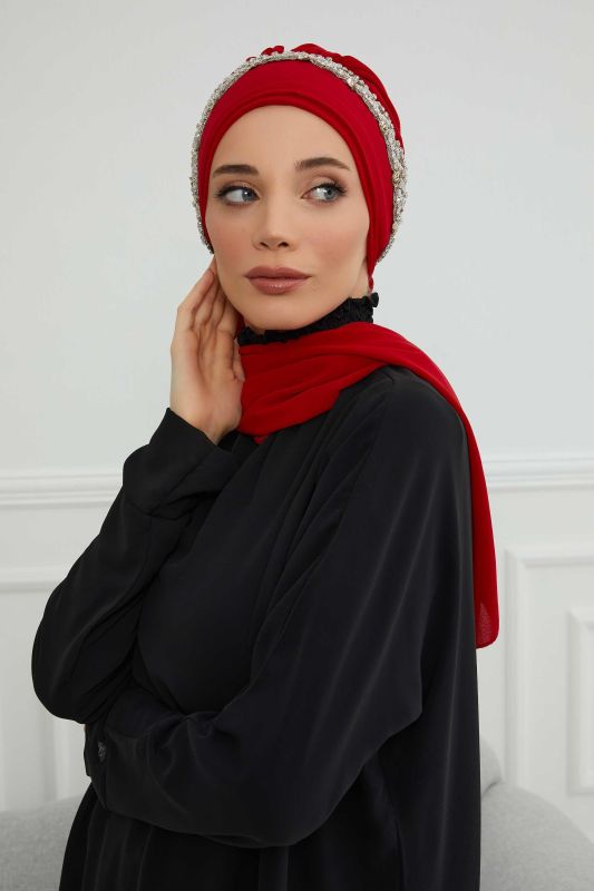Taş Aksesuarlı Tasarım Şifon Hazır Türban,HT-101,HT-101 Kırmızı-Gümüş - 6