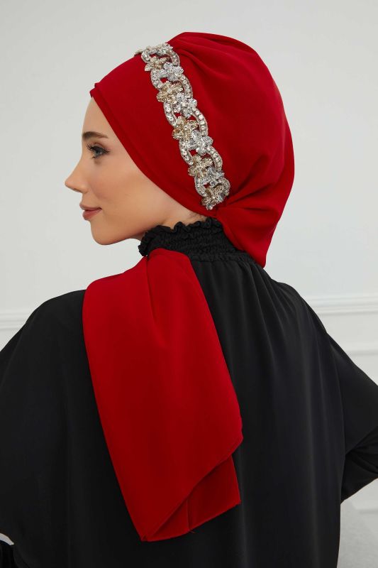 Taş Aksesuarlı Tasarım Şifon Hazır Türban,HT-101,HT-101 Kırmızı-Gümüş - 7