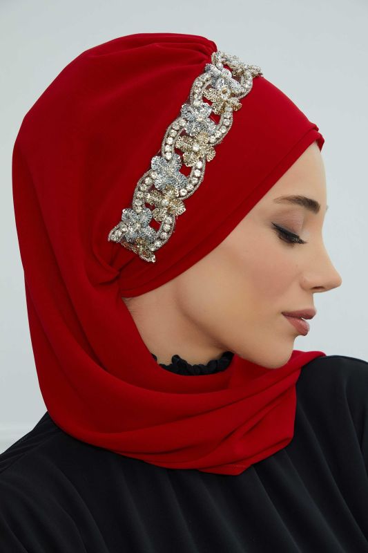 Taş Aksesuarlı Tasarım Şifon Hazır Türban,HT-101,HT-101 Kırmızı-Gümüş - 8