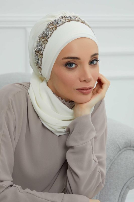Taş Aksesuarlı Tasarım Şifon Hazır Türban,HT-101,HT-101 Krem-Gümüş - 6