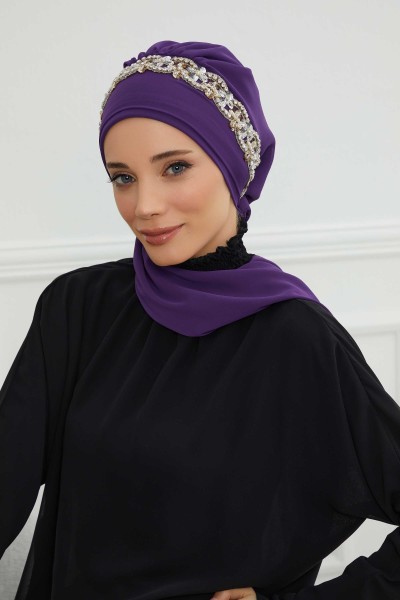Moda Çizgi - Design Chiffon Ready Scarf with Stone Accessories,HT-101,HT-101 Purple-Silver
