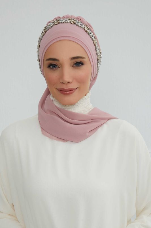 Taş Aksesuarlı Tasarım Şifon Hazır Türban,HT-101,HT-101 Pudra-Gümüş - 1