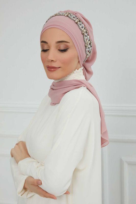 Taş Aksesuarlı Tasarım Şifon Hazır Türban,HT-101,HT-101 Pudra-Gümüş - 3