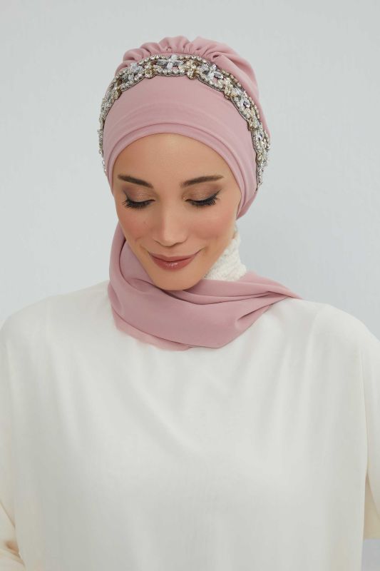 Taş Aksesuarlı Tasarım Şifon Hazır Türban,HT-101,HT-101 Pudra-Gümüş - 4