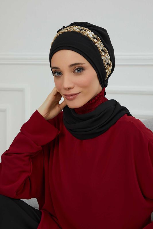 Taş Aksesuarlı Tasarım Şifon Hazır Türban,HT-101,HT-101 Siyah-Gold - 1