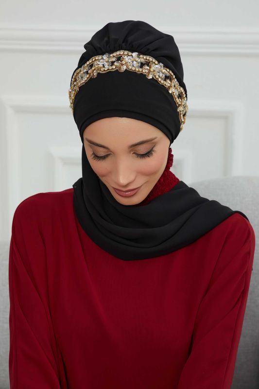 Taş Aksesuarlı Tasarım Şifon Hazır Türban,HT-101,HT-101 Siyah-Gold - 2