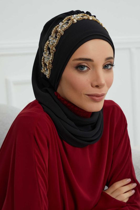 Taş Aksesuarlı Tasarım Şifon Hazır Türban,HT-101,HT-101 Siyah-Gold - 3