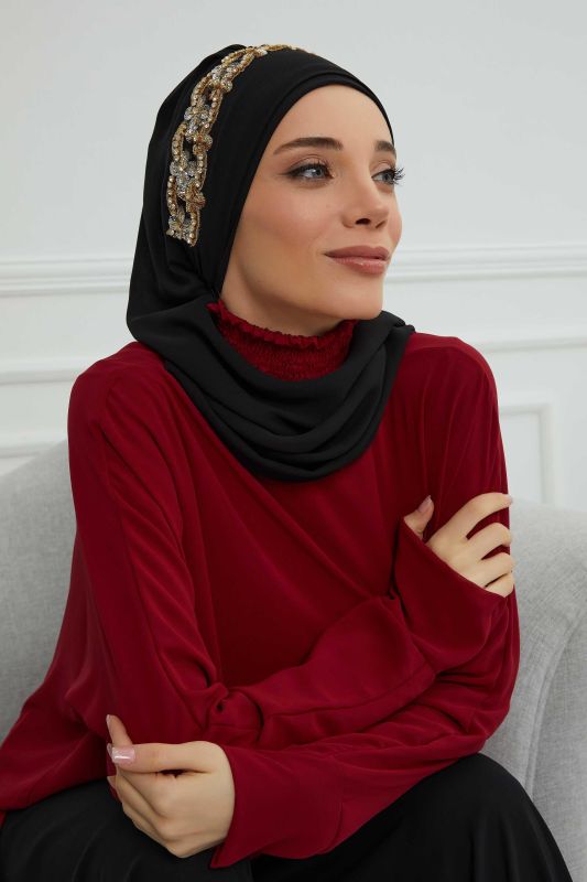 Taş Aksesuarlı Tasarım Şifon Hazır Türban,HT-101,HT-101 Siyah-Gold - 4