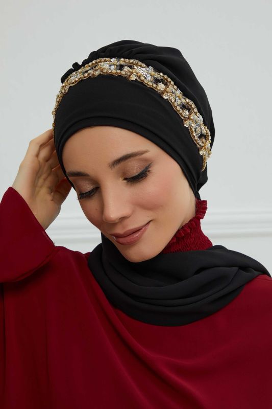 Taş Aksesuarlı Tasarım Şifon Hazır Türban,HT-101,HT-101 Siyah-Gold - 5
