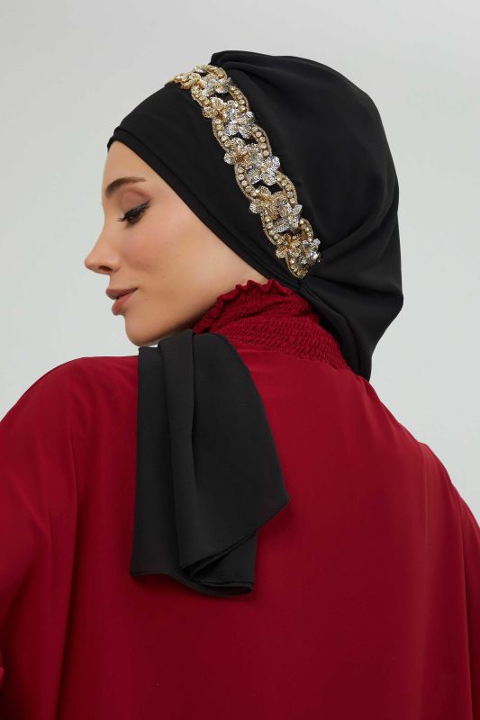 Taş Aksesuarlı Tasarım Şifon Hazır Türban,HT-101,HT-101 Siyah-Gold - 6