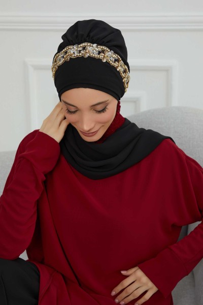 تصميم وشاح جاهز من الشيفون مع إكسسوارات حجرية، HT-101، HT-101 أسود-ذهبي - Thumbnail