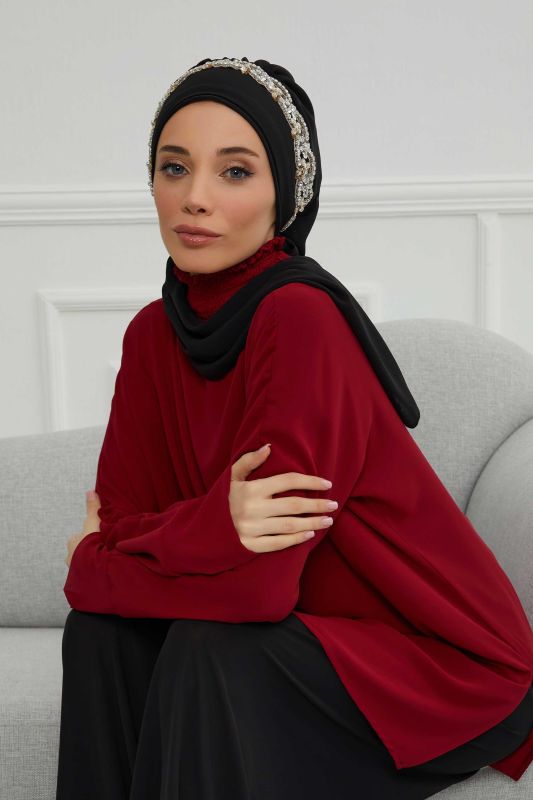 Taş Aksesuarlı Tasarım Şifon Hazır Türban,HT-101,HT-101 Siyah-Gümüş - 1