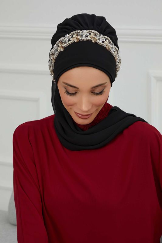 Taş Aksesuarlı Tasarım Şifon Hazır Türban,HT-101,HT-101 Siyah-Gümüş - 3