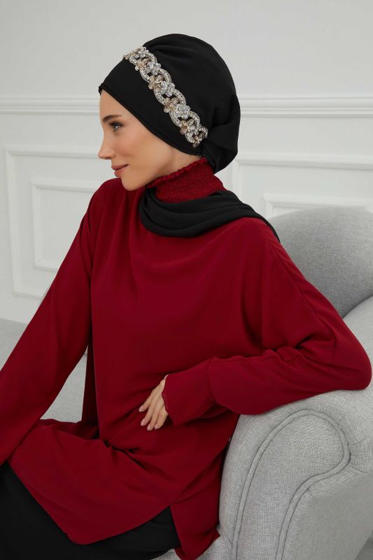Taş Aksesuarlı Tasarım Şifon Hazır Türban,HT-101,HT-101 Siyah-Gümüş - 4