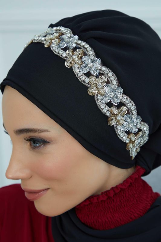 Taş Aksesuarlı Tasarım Şifon Hazır Türban,HT-101,HT-101 Siyah-Gümüş - 5