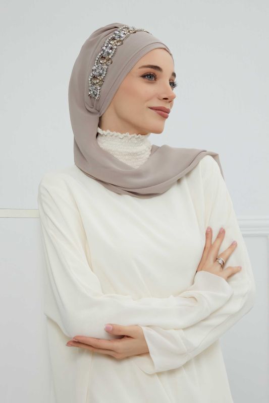 Taş Aksesuarlı Tasarım Şifon Hazır Türban,HT-101,HT-101 Vizon-Gümüş - 2
