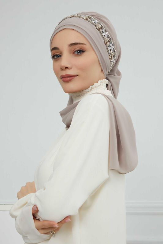 Taş Aksesuarlı Tasarım Şifon Hazır Türban,HT-101,HT-101 Vizon-Gümüş - 4