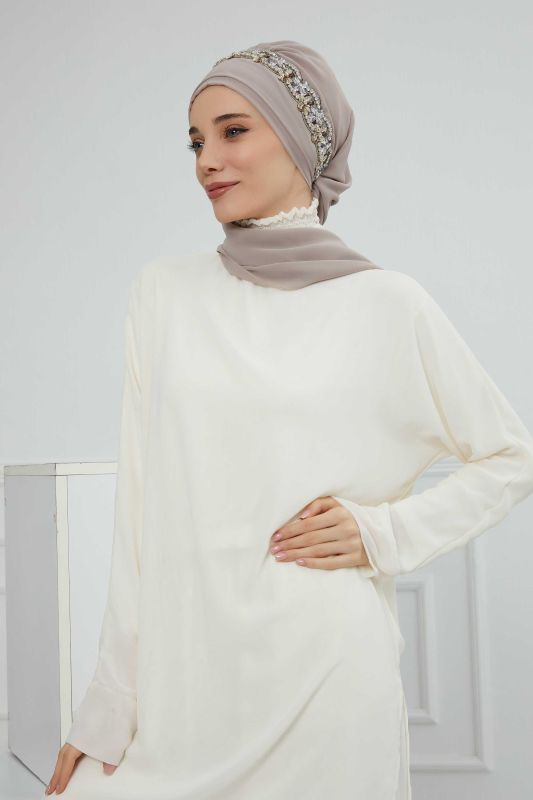Taş Aksesuarlı Tasarım Şifon Hazır Türban,HT-101,HT-101 Vizon-Gümüş - 8