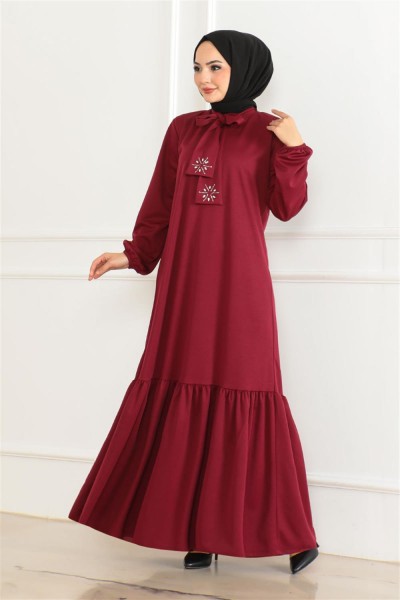MYS - Taş Detaylı Tesettür Elbise BORDO