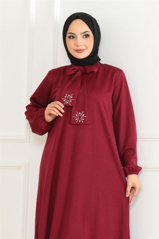 Taş Detaylı Tesettür Elbise BORDO - 3